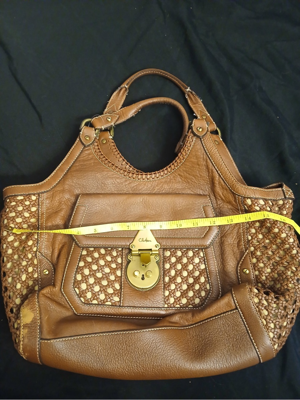 Cole Haan Tan Woven Leather Shoulder Bag with Gold Lock - Picture 6 of 16